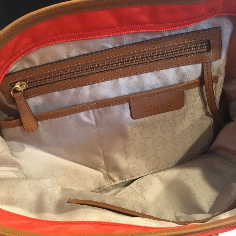 Michael Kors Kempton Red Nylon Brown Leather Shoulder Tote Bag Purse Like New - Picture 7 of 9